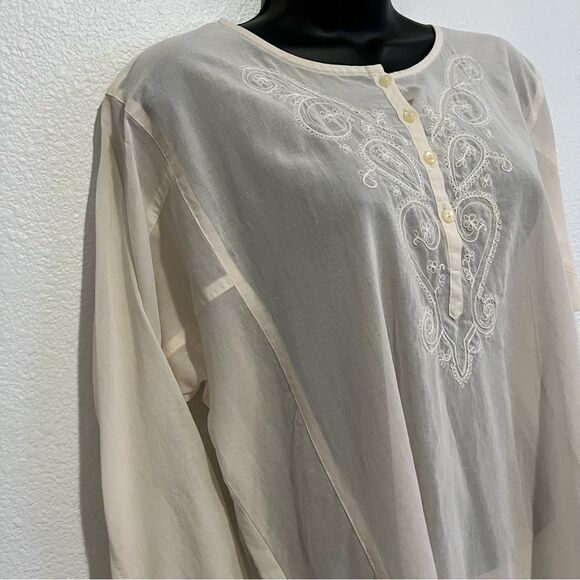 NWOT LIZ CLAIBORNE Neutral Ivory Cotton Embroidered Relaxed Split Neck Tunic L - Picture 12 of 15
